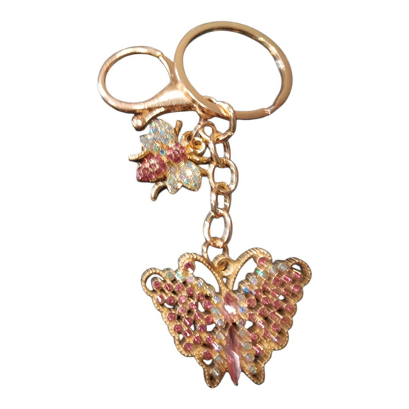 Beautiful Pink Rhinestone Butterfly Bumblebee Gold Tone Keychain Purse Charm - Picture 3 of 8